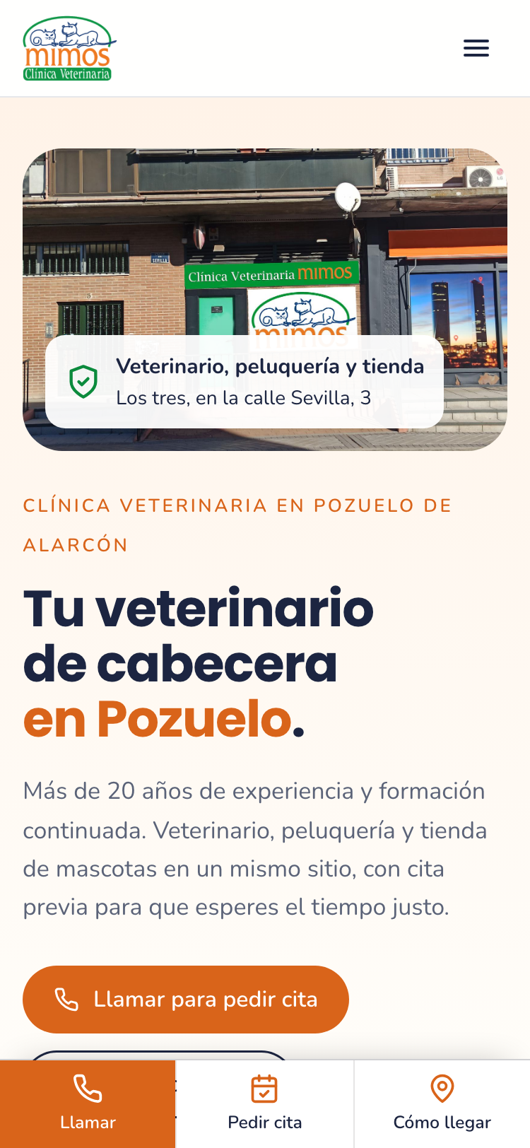 Captura de la web nueva de Clínica Veterinaria Mimos en un móvil